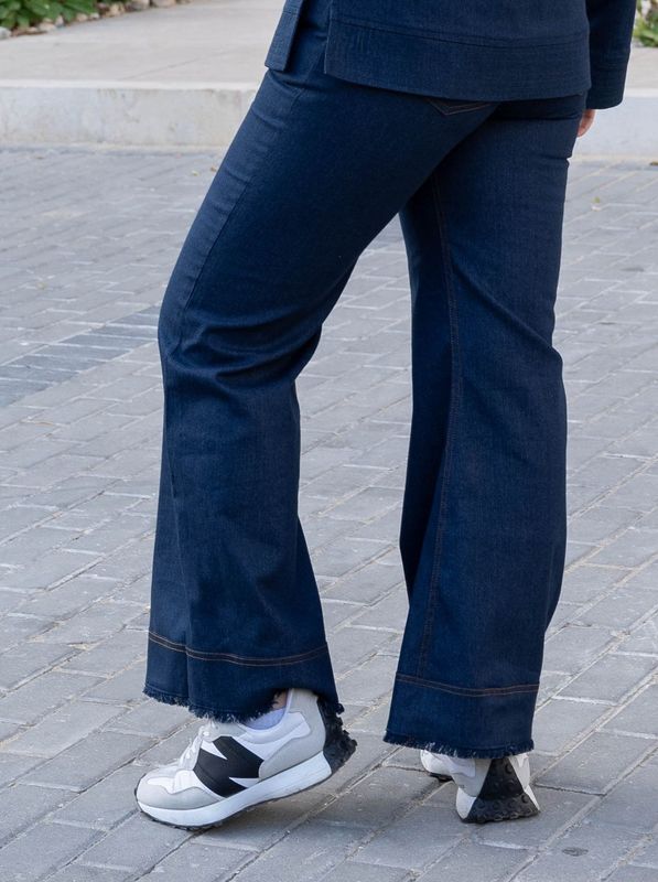 Dark Blue Flared Denim Frayed Hem