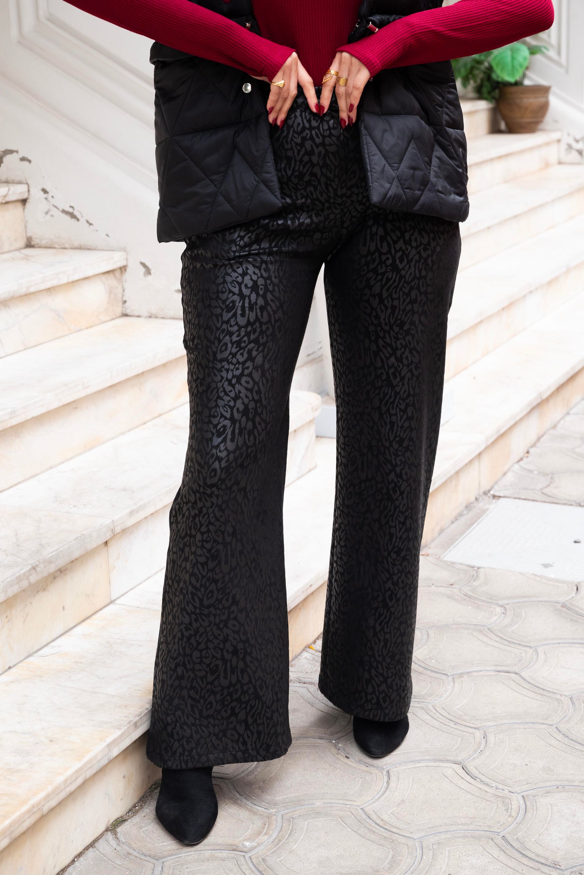Black Suede Leopard Print Trousers