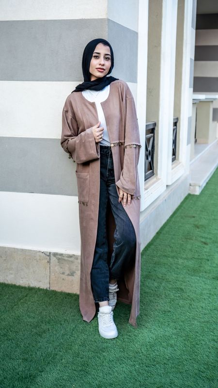 Beige Embellished Long Flowing Cardigan