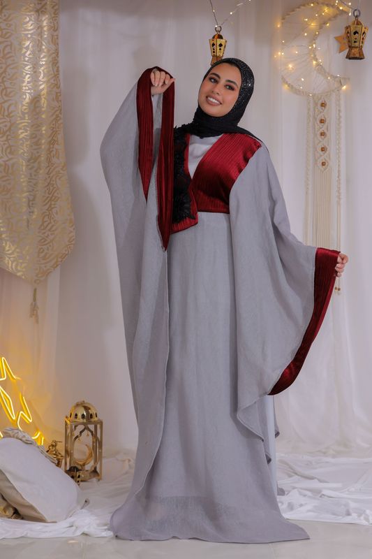 Grey Burgundy Embellished Kaftan