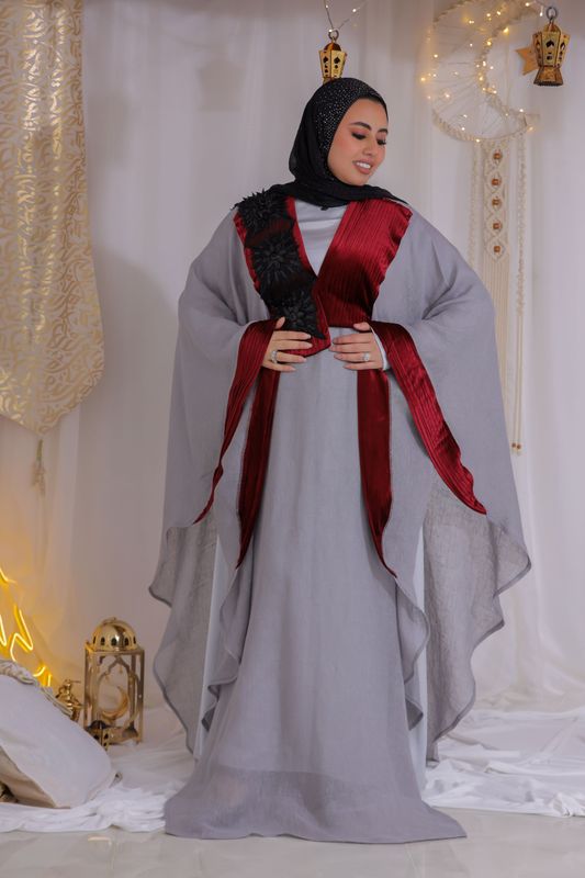Grey Burgundy Embellished Kaftan