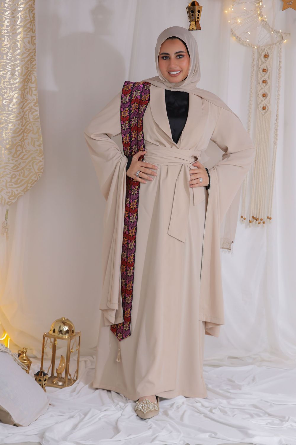 Beige Kaftan with Floral Embroidered Stole