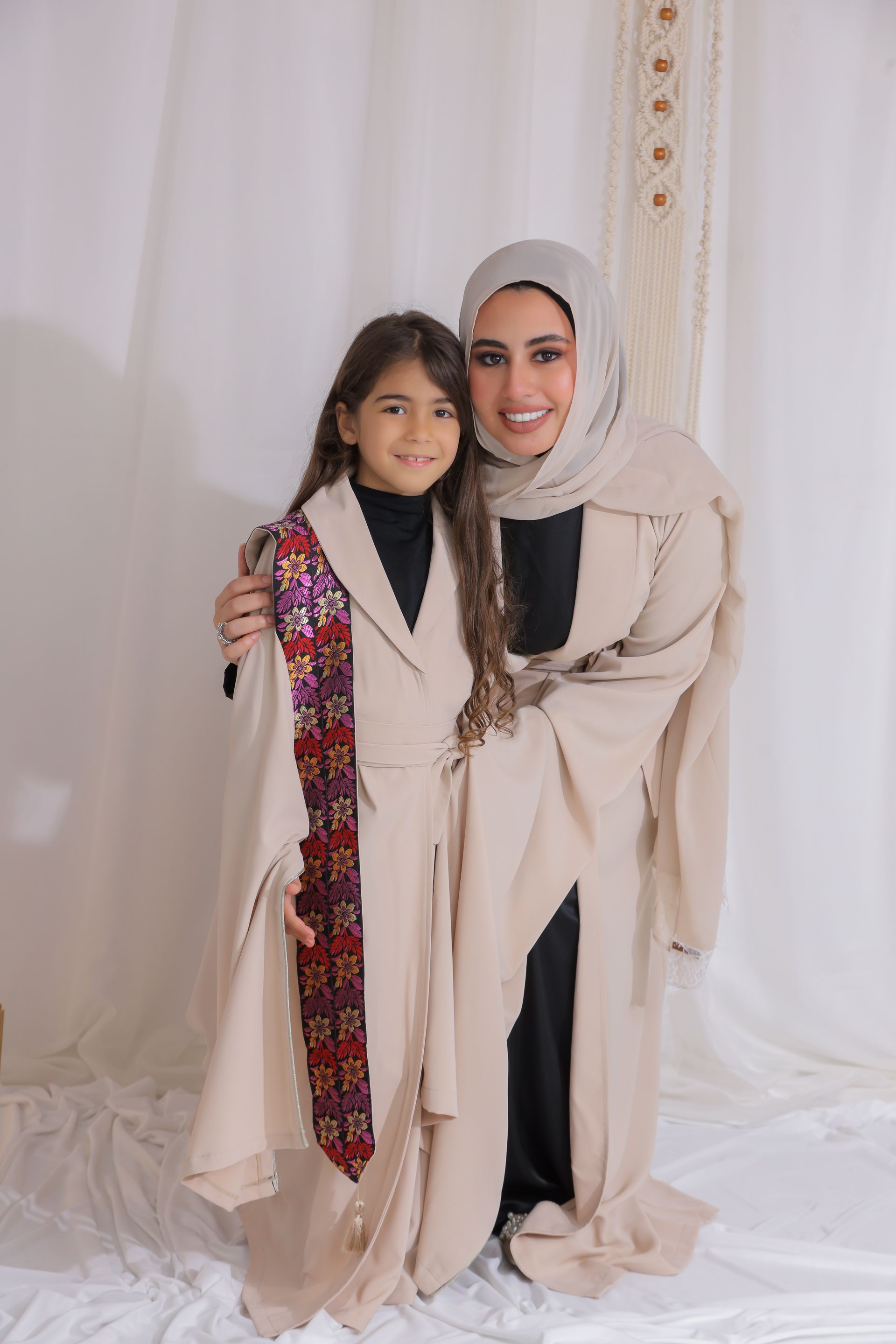 Beige Kaftan with Floral Embroidered Stole