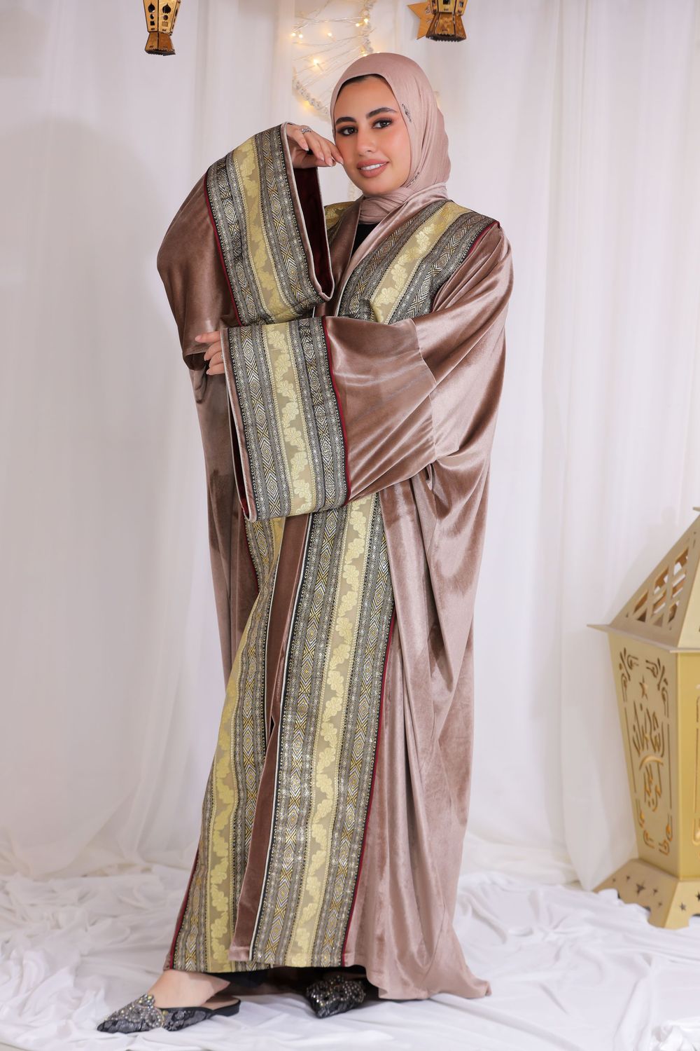 Elegant Taupe and Gold Embroidered Kaftan