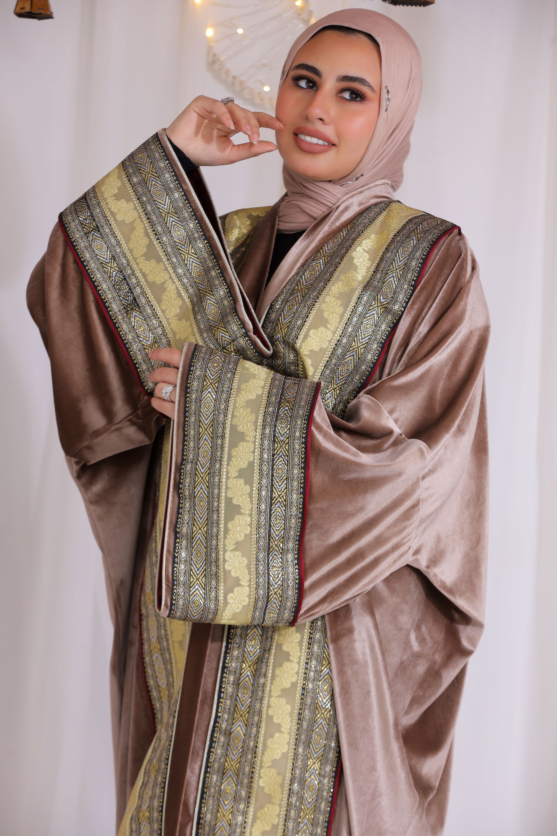 Elegant Taupe and Gold Embroidered Kaftan