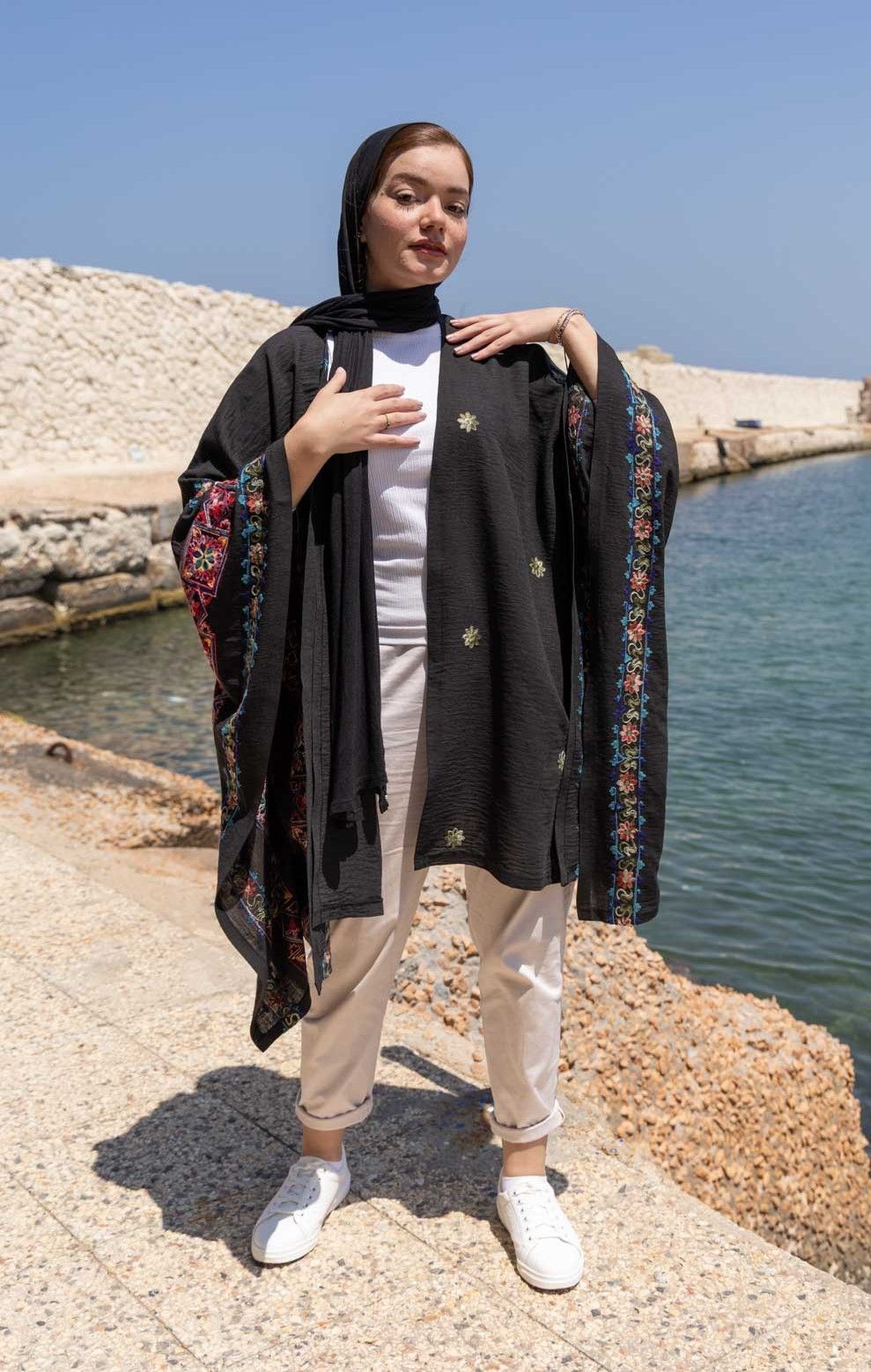 Embroidered Black Cape with Bohemian Accents