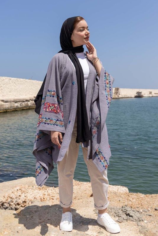 Embroidered Grey Cape with Bohemian Accents