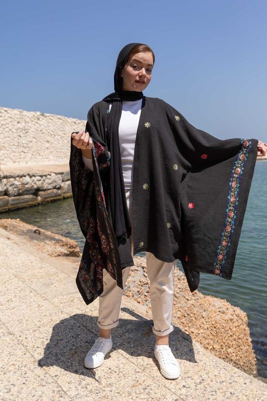 Embroidered Black Cape with Bohemian Accents