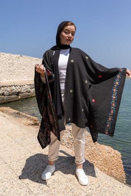 Embroidered Black Cape with Bohemian Accents