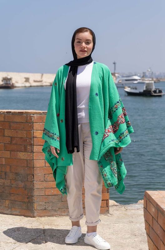 Embroidered Green Cape with Bohemian Accents