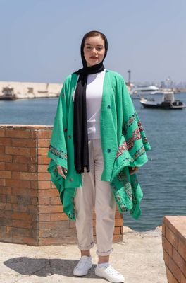 Embroidered Green Cape with Bohemian Accents