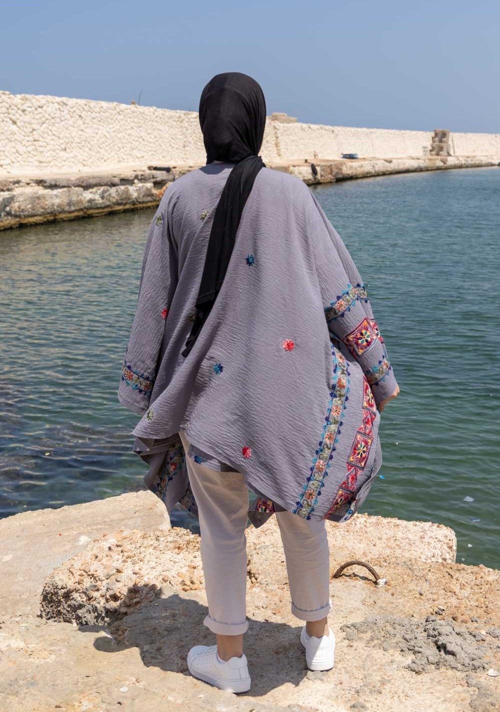 Embroidered Grey Cape with Bohemian Accents