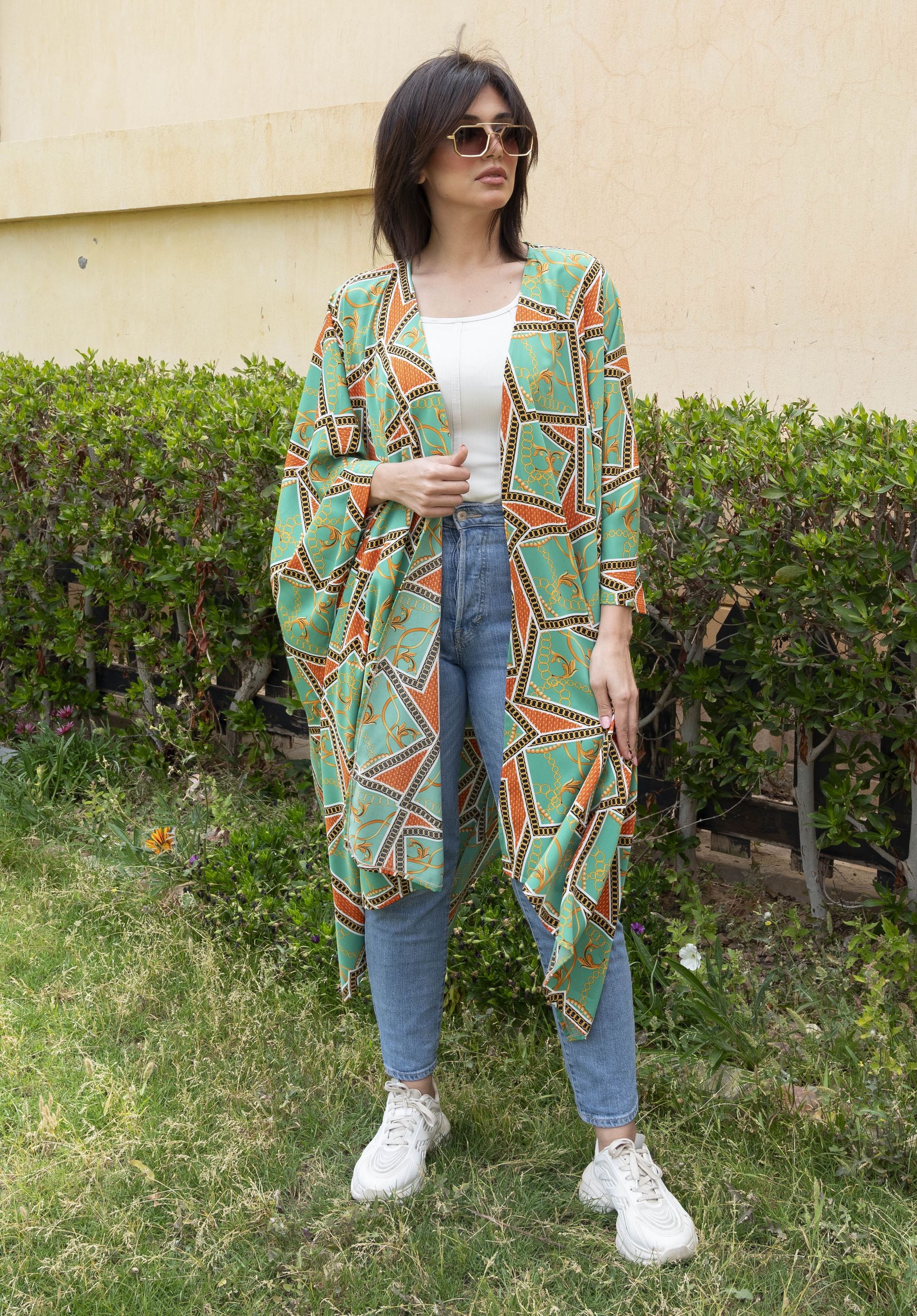 Green vibrant Gold chain printed cardigan