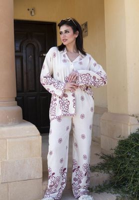 Burgundy floral Adorned Soft White Co-Ord Set