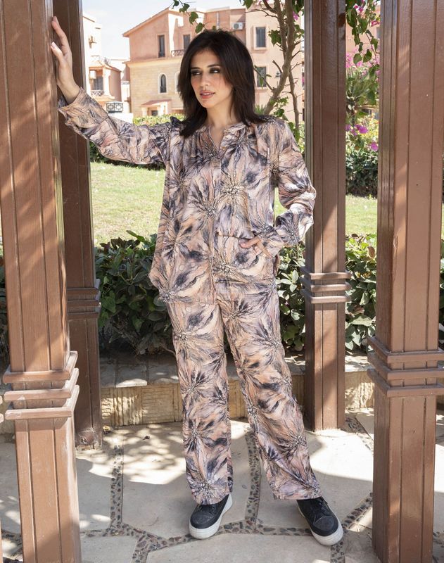 Floral Beige Brown Silk Set