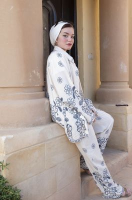 Navy floral Adorned Soft White Co-Ord Set