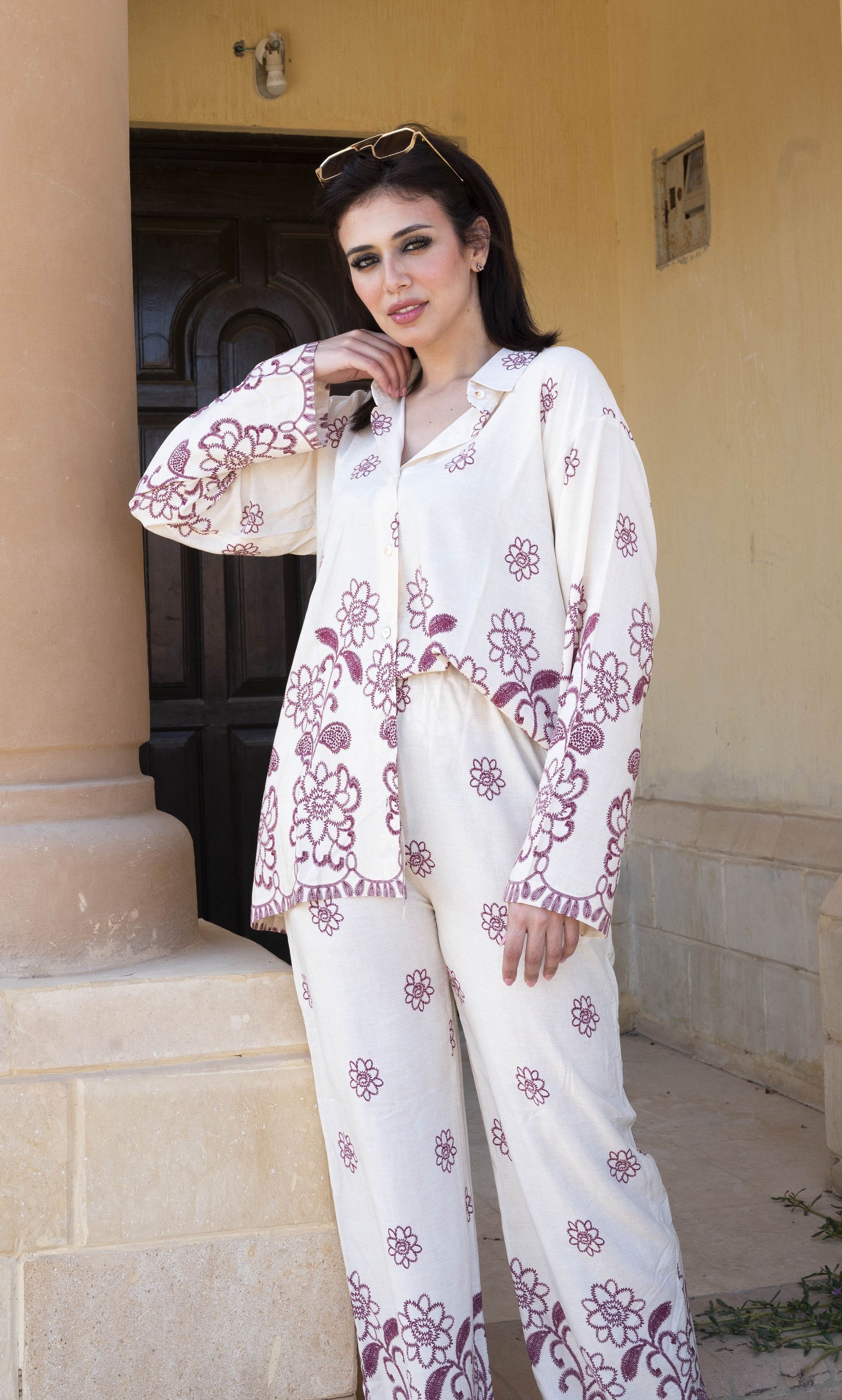 Burgundy floral Adorned Soft White Co-Ord Set