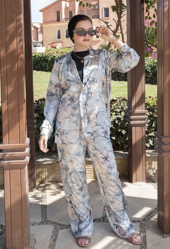 Floral muted blue Silk Set