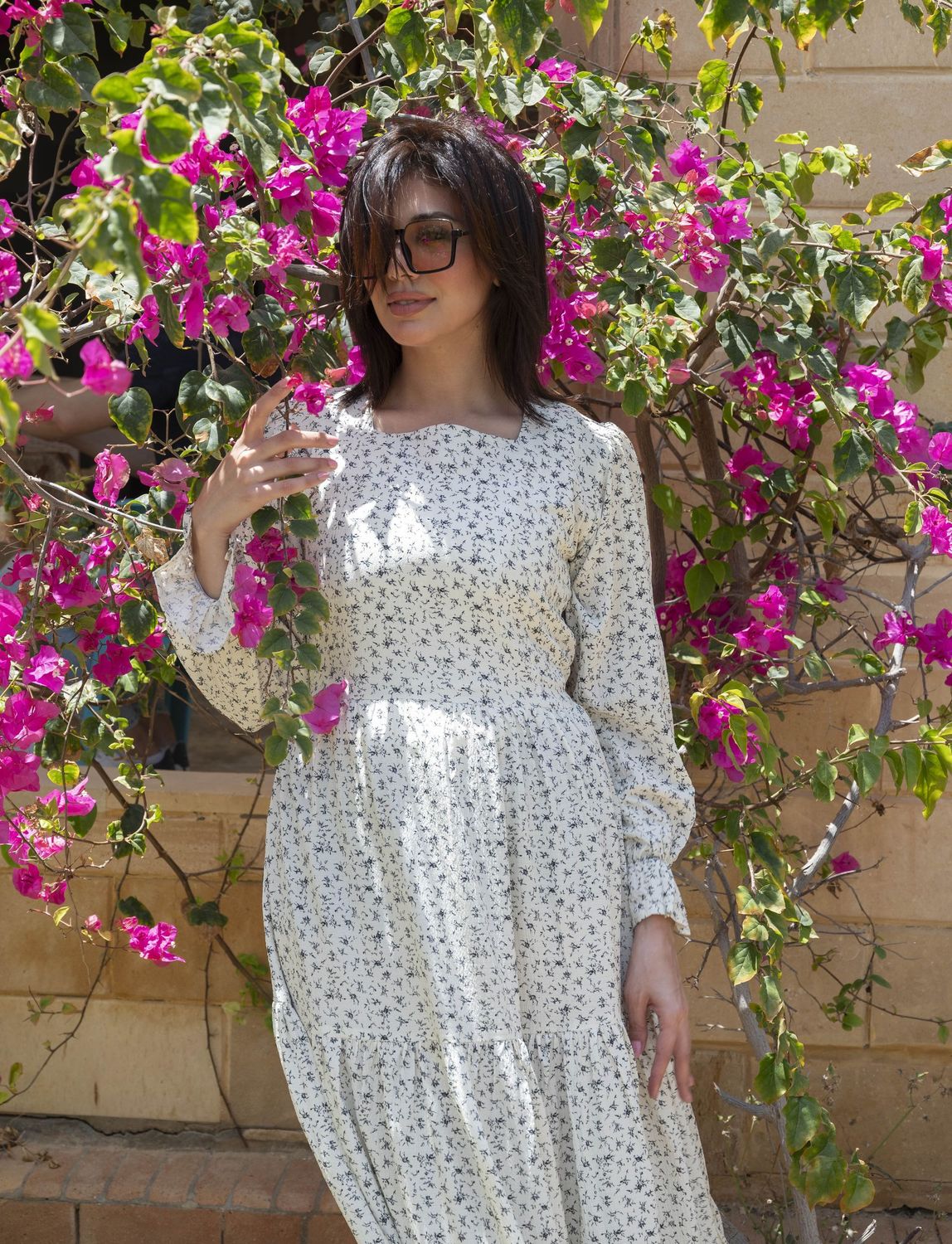 Navy Blue Ditsy Floral Crinkle Print Dress