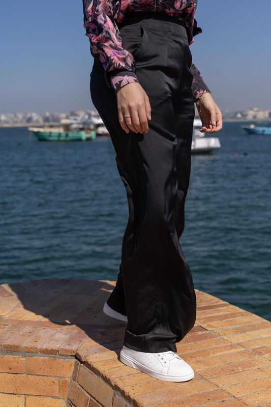 Satin Black Wide-Leg Trousers