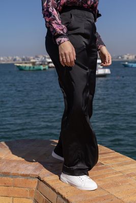Satin Black Wide-Leg Trousers