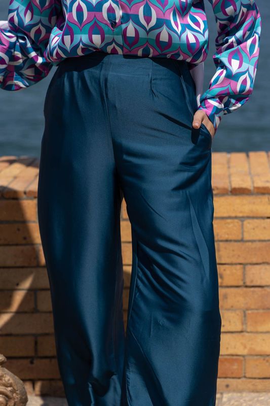 Satin Teal Wide-Leg Trousers
