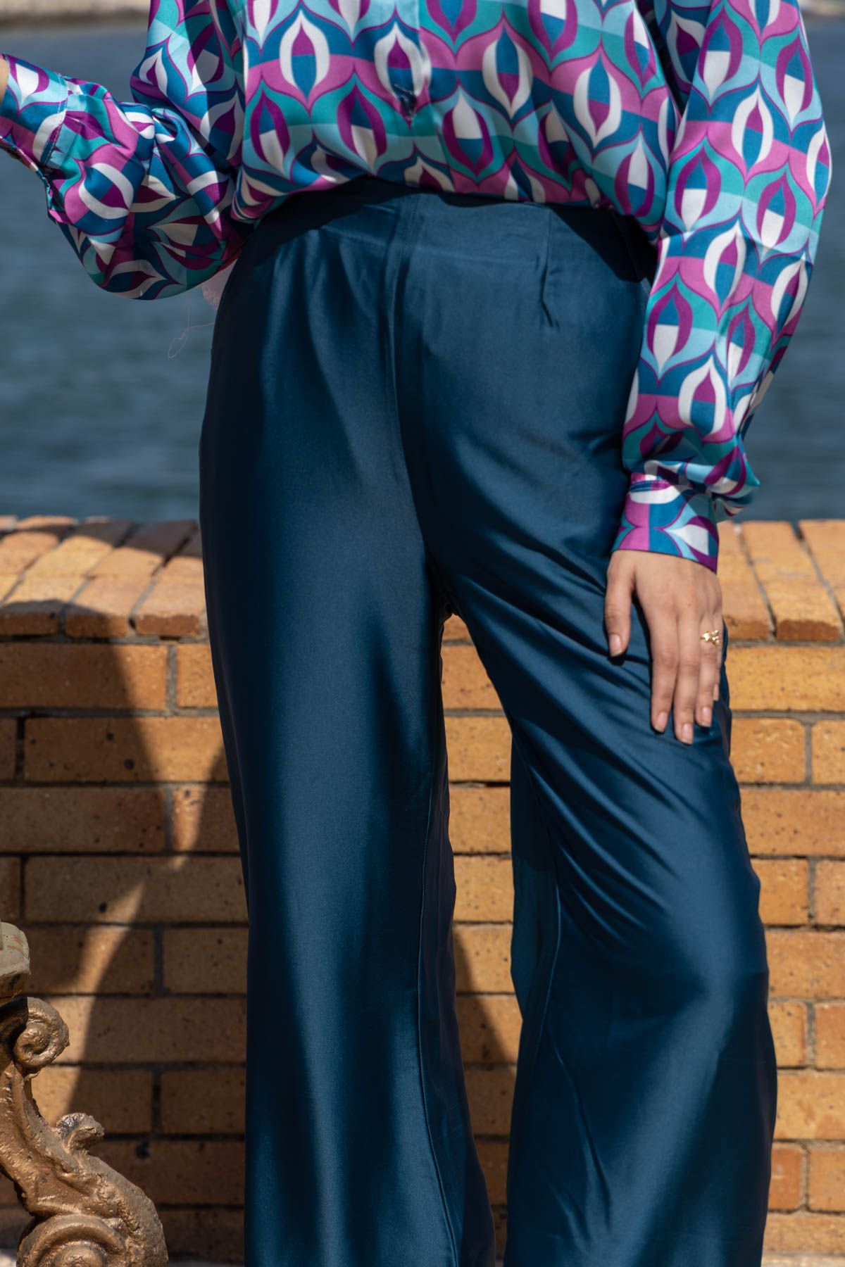 Satin Teal Wide-Leg Trousers