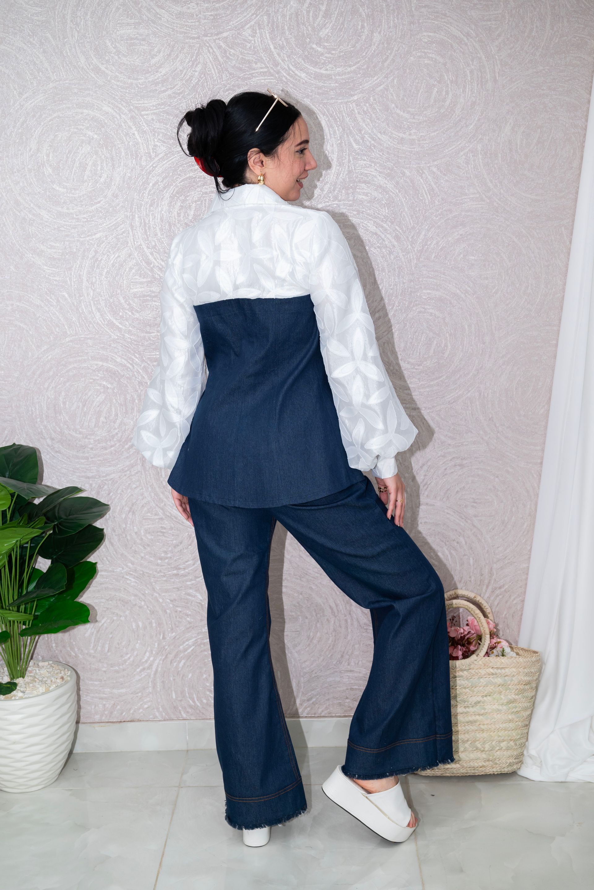 High-Waisted Wide-Leg Denim Trousers