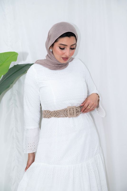 ​Elegant White Embroidered Maxi Dress with Flared Sleeves