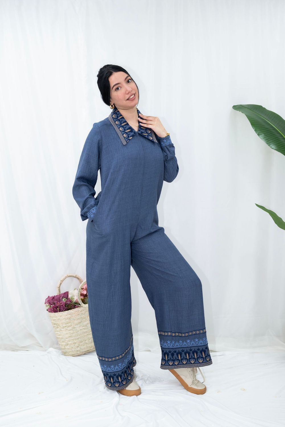 Indigo Embroidered Linen Jumpsuit