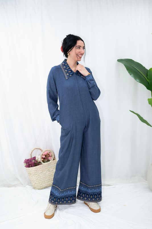 Indigo Embroidered Linen Jumpsuit