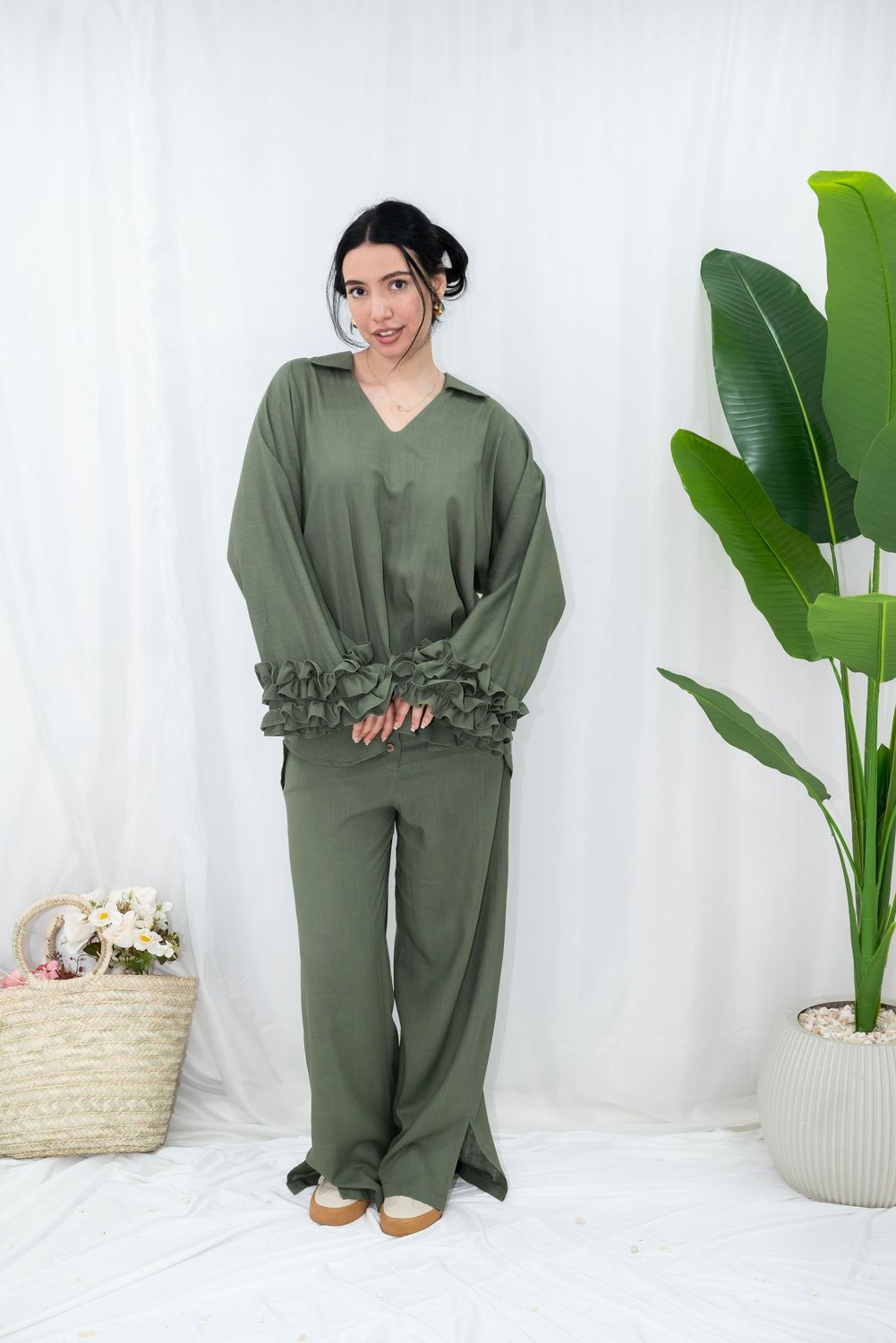 Ruffle sleeve pure linen co-ord set