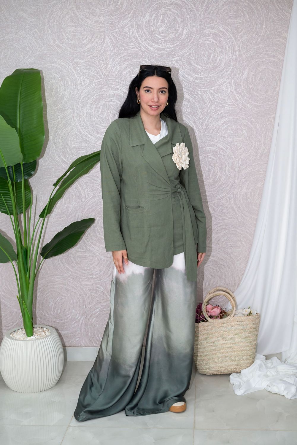 ​Sage Green Wrap Blazer & Ombre Satin Wide-Leg Pants Set