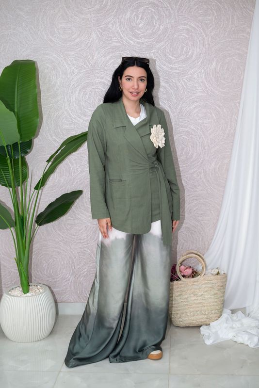 ​Sage Green Wrap Blazer & Ombre Satin Wide-Leg Pants Set