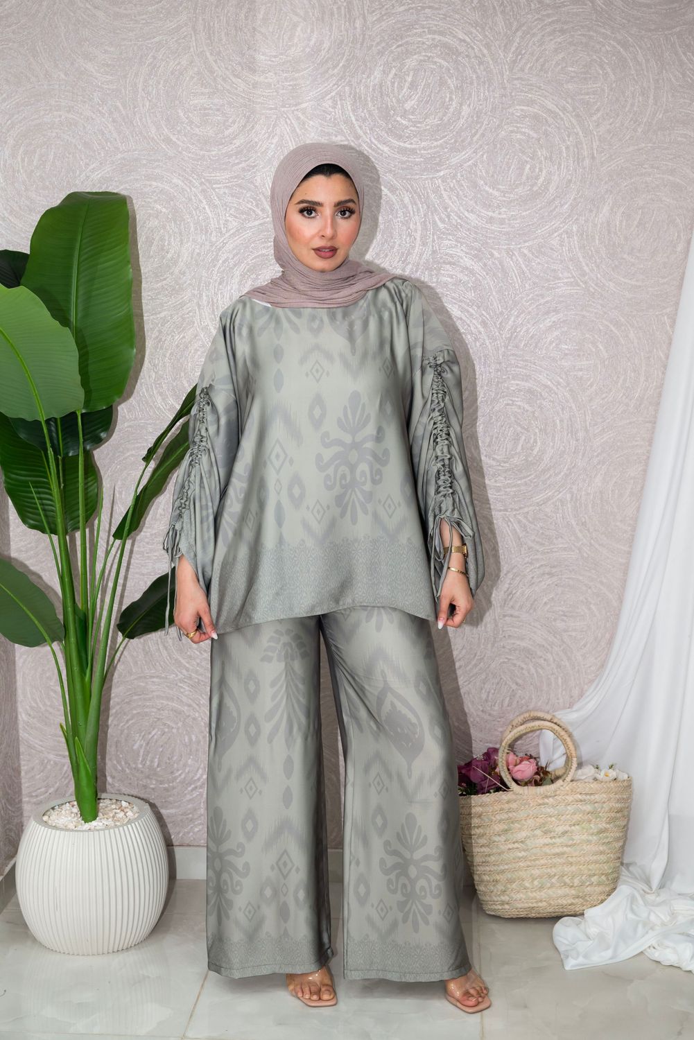 ​Silk Jacquard Set with Ruched Sleeves