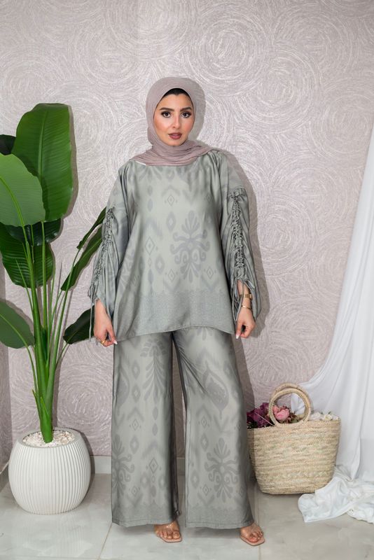 ​Silk Jacquard Set with Ruched Sleeves