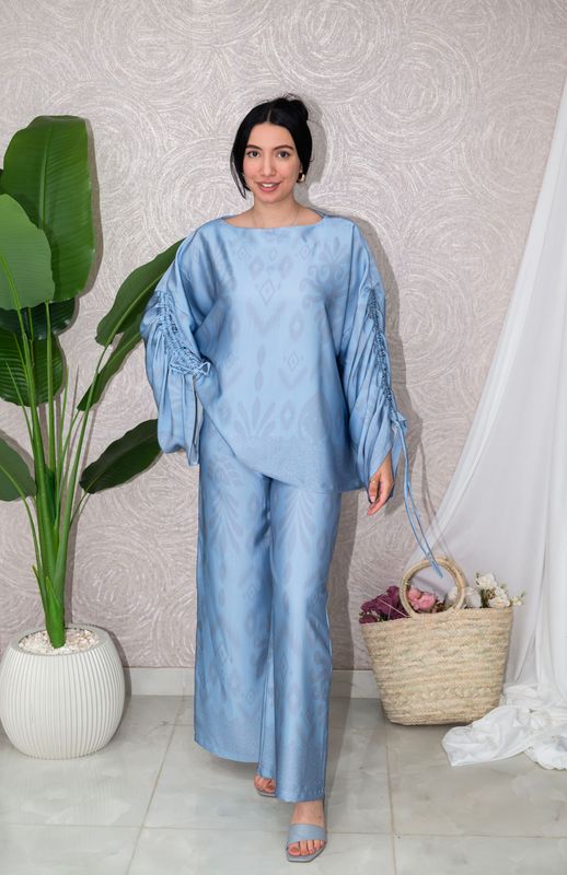 Silk Jacquard Set with Ruched Sleeve
