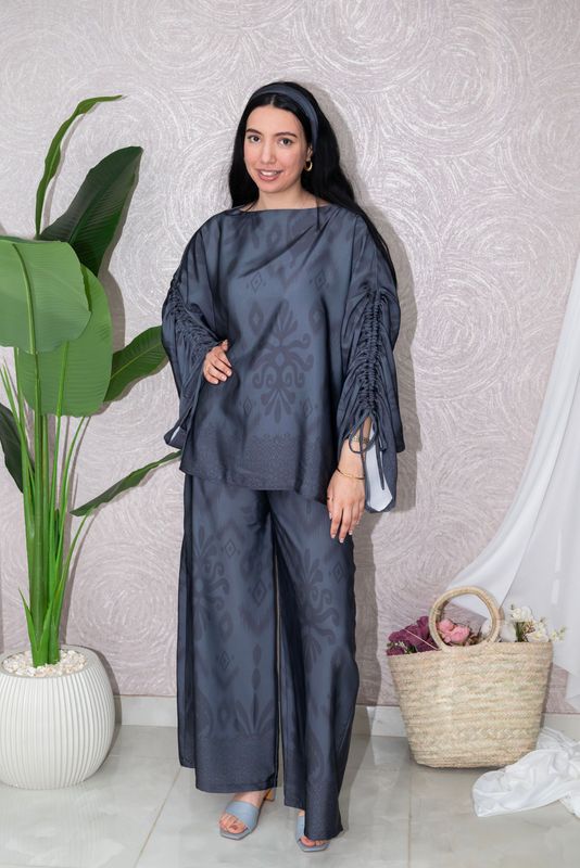 Silk Jacquard Set with Ruched Sleeves