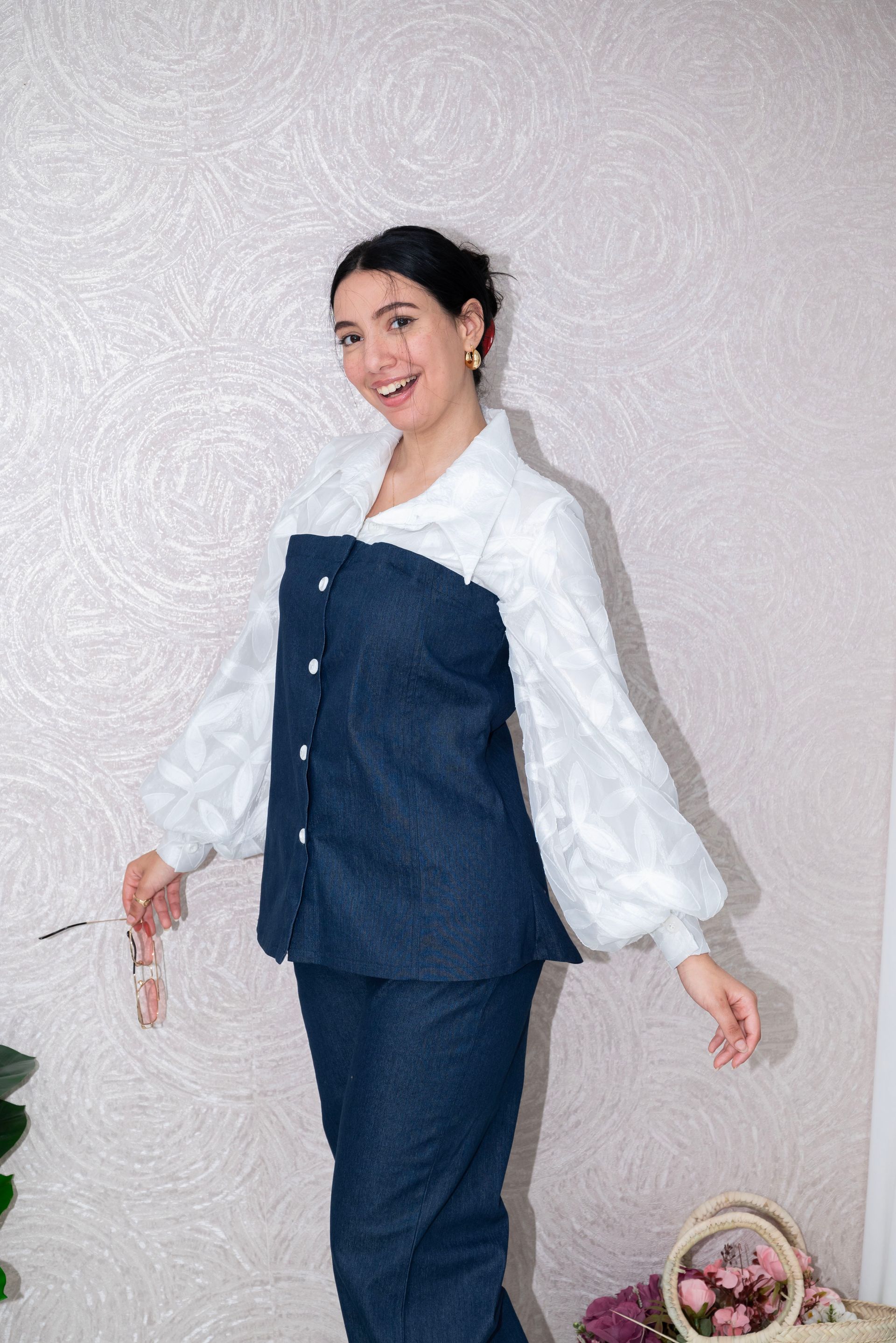 Denim-Organza Fusion Co-Ord Set with 3D Floral Appliqué