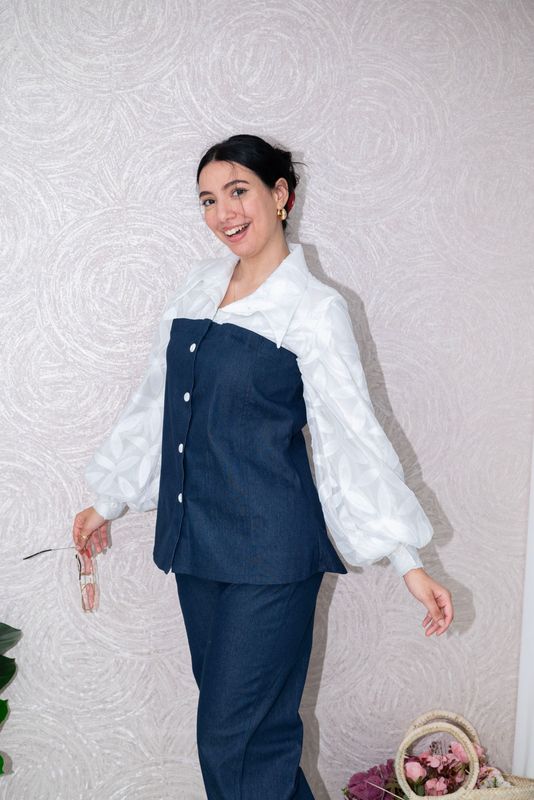 Denim-Organza Fusion Co-Ord Set with 3D Floral Appliqué