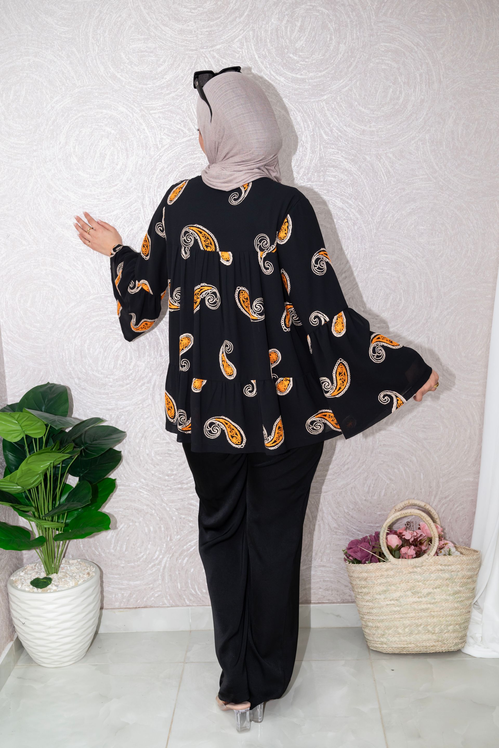 Black Paisley Printed Flared Modest Set – Boho Chic Statement