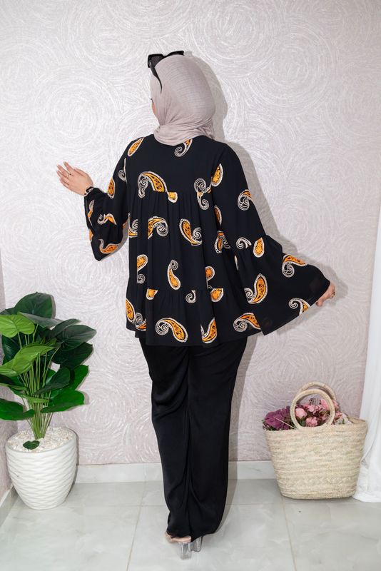 Black Paisley Printed Flared Modest Set – Boho Chic Statement