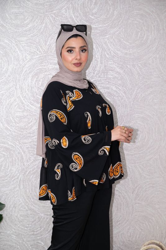 Black Tiered Blouse with Paisley Print