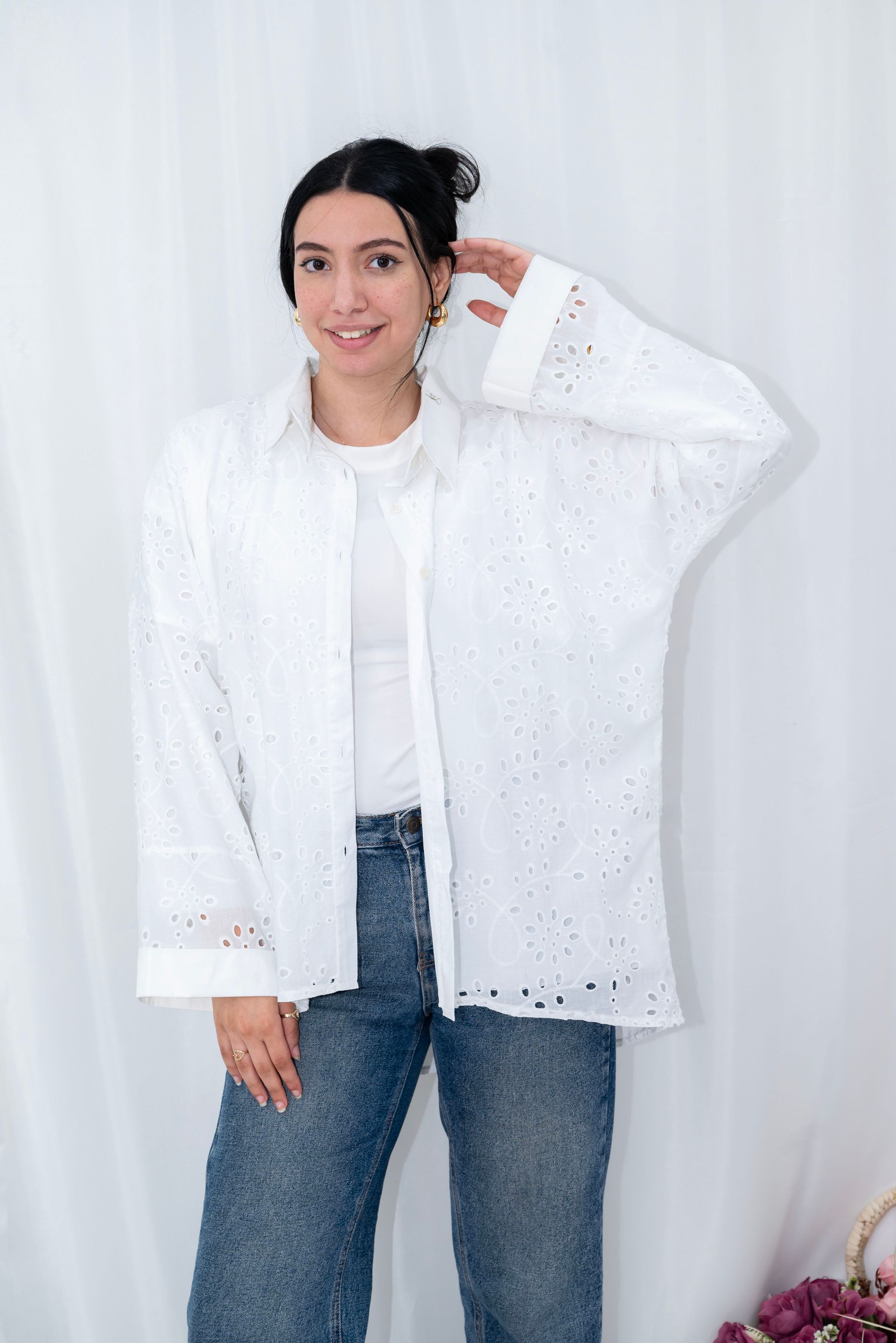 Embroidered Cotton Eyelet Button-Down Shirt