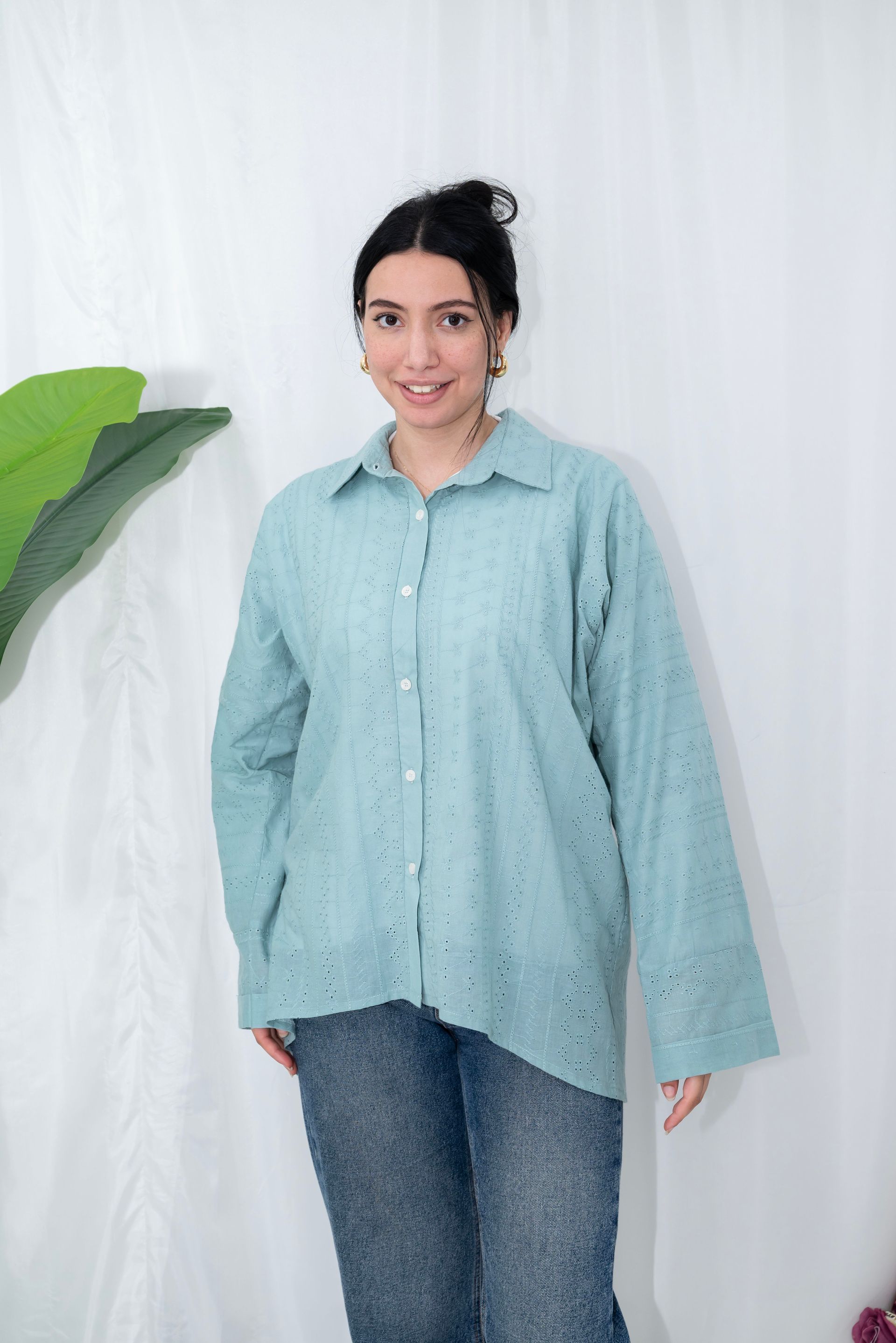 Embroidered Cotton Eyelet Button-Down Shirt