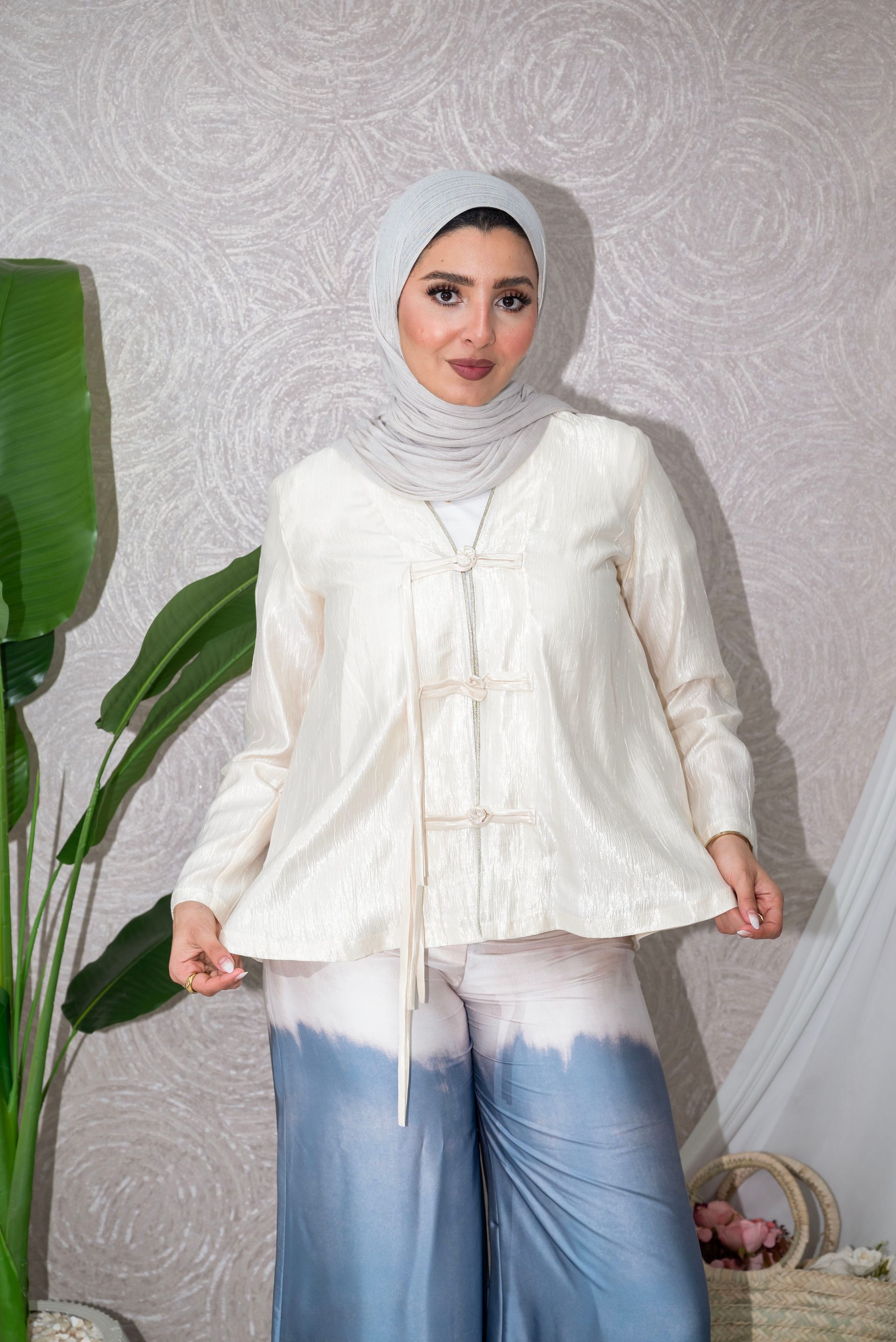 ​Ivory Textured Blouse with Chinese Knot Button Detail