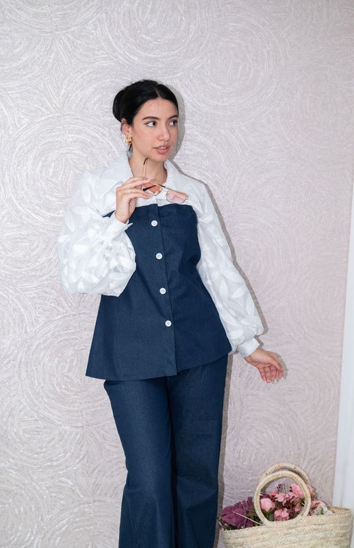 ​Denim Contrast Blouse with White Organza Puff Sleeves