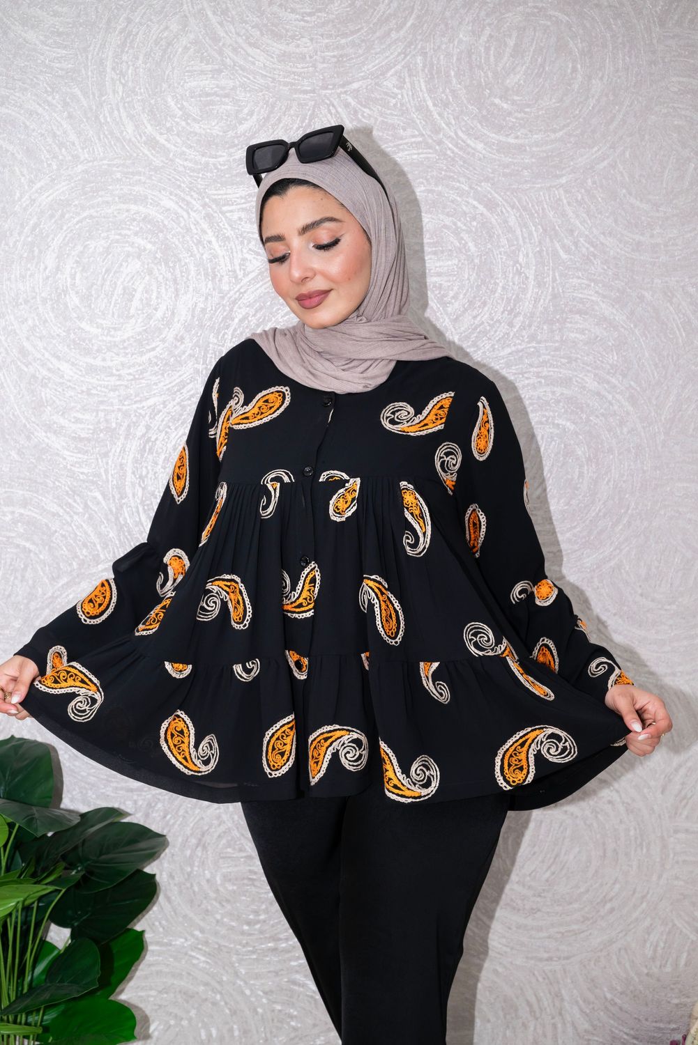 ​Black Tiered Blouse with Paisley Print