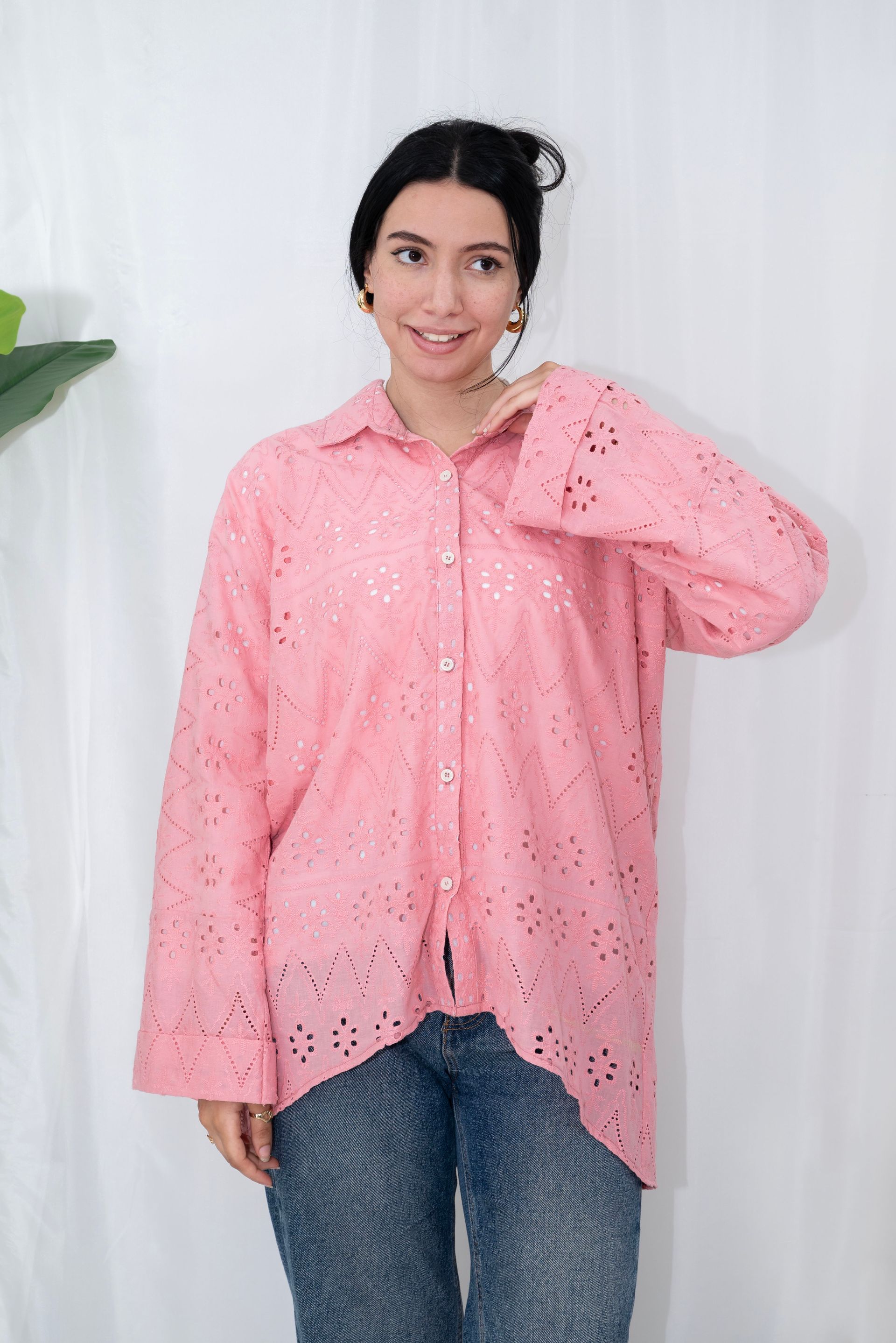 Embroidered Cotton Eyelet Button-Down Shirt