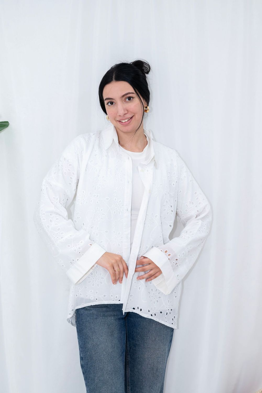 Embroidered Cotton Eyelet Button-Down Shirt